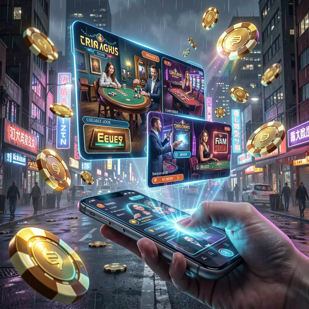 Futuristic holographic casino interface with glowing chips and digital effects emerging from a smartphone showcasing the EX66 app in Bangladesh