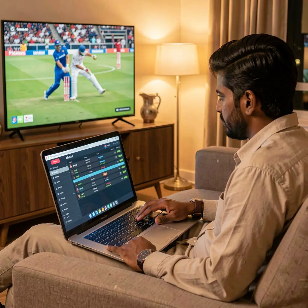 A Bangladeshi sports fan placing live cricket bets on a laptop through EX66 while watching a match on TV in a cozy home setting