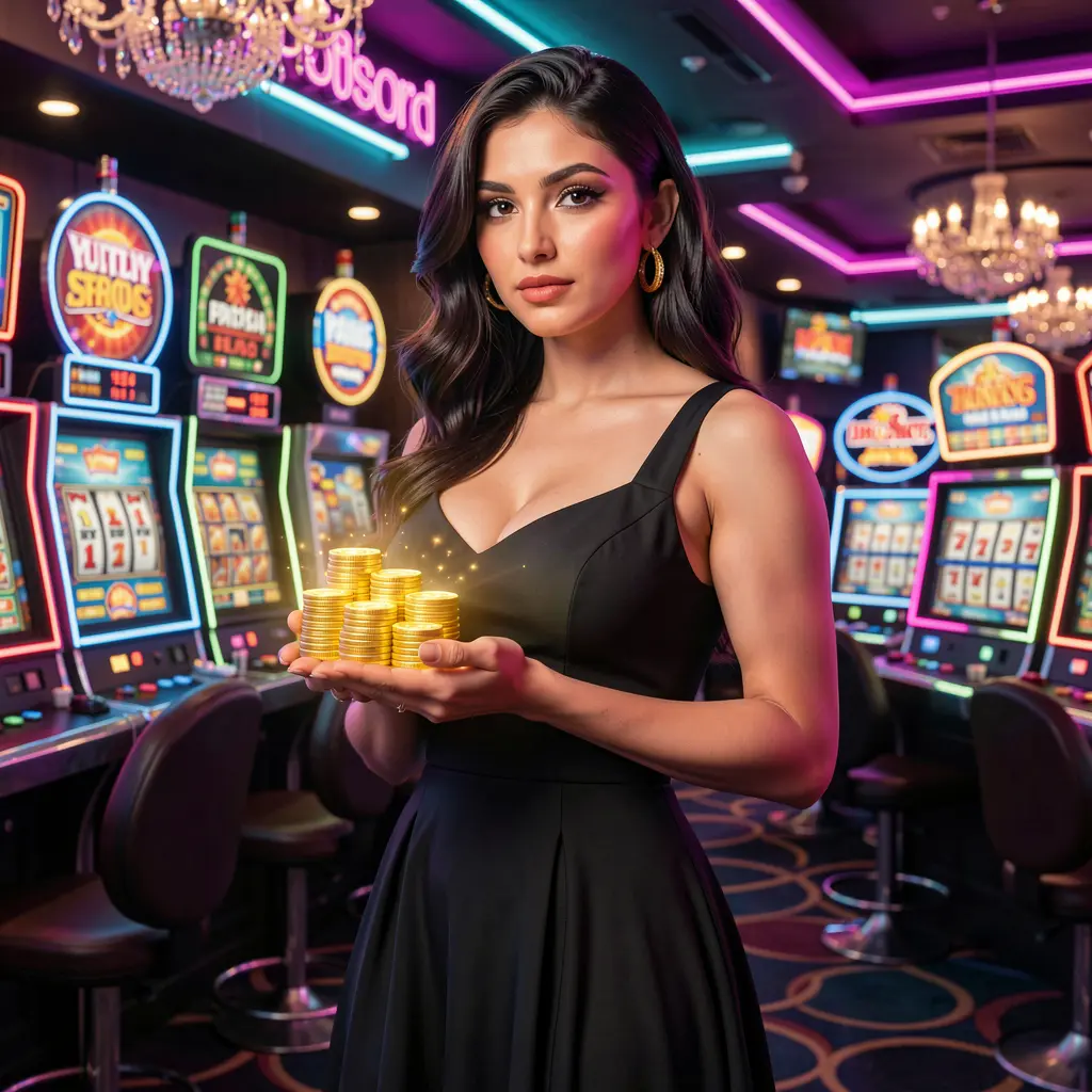 Confident woman in a luxury casino setting holding stacked chips representing high stakes gameplay and exclusive rewards at EX66 Bangladesh
