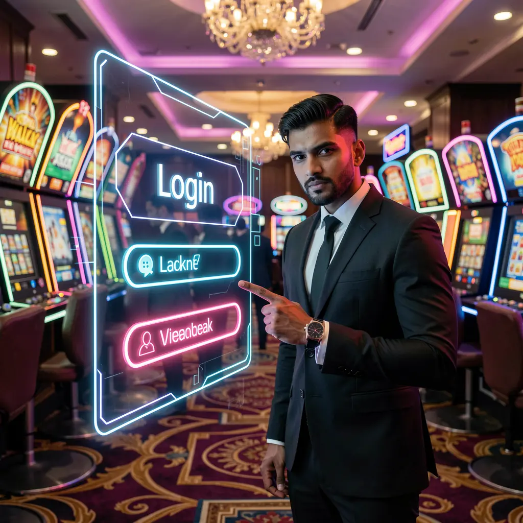 Professional Bangladeshi casino host pointing at a futuristic EX66 login interface inside a neon casino environment