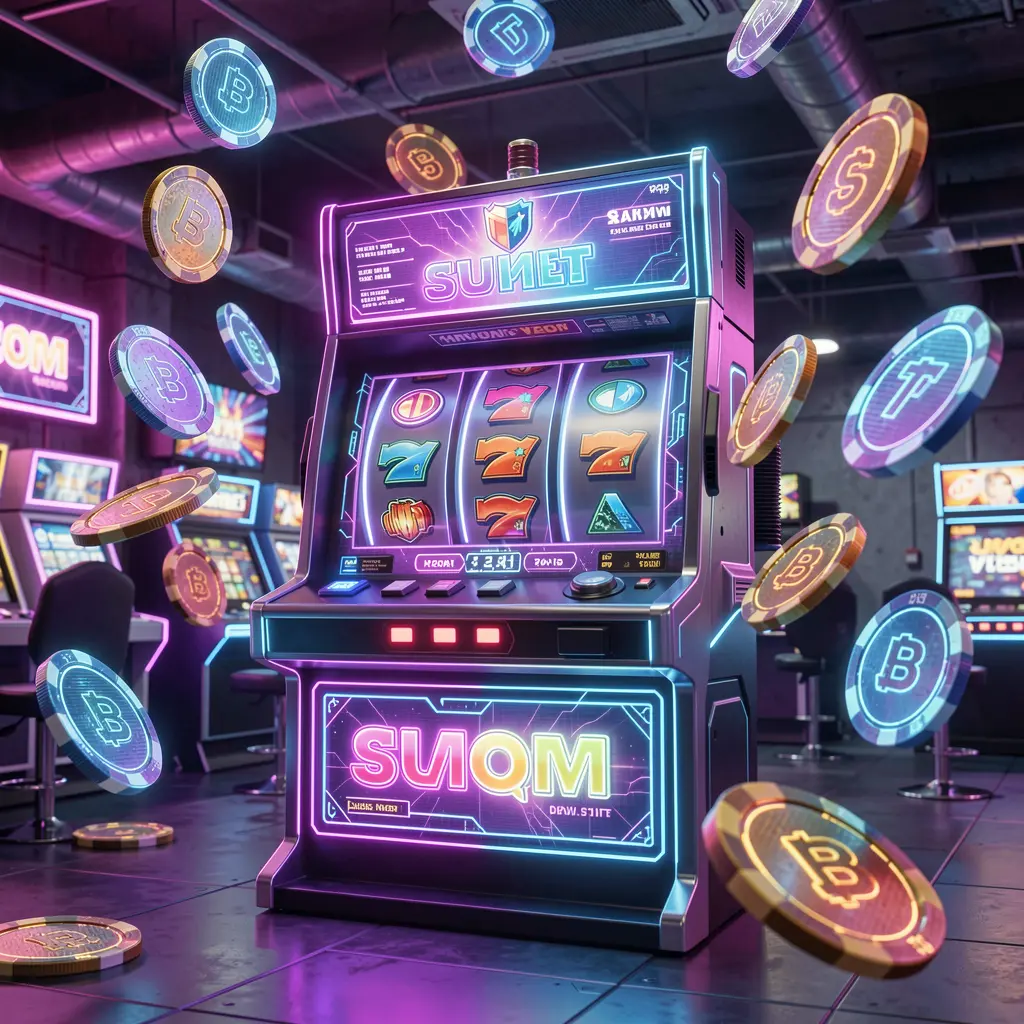 Futuristic slot machine with bright neon lights and flying coins showcasing the immersive digital casino experience of EX66 for players in Bangladesh
